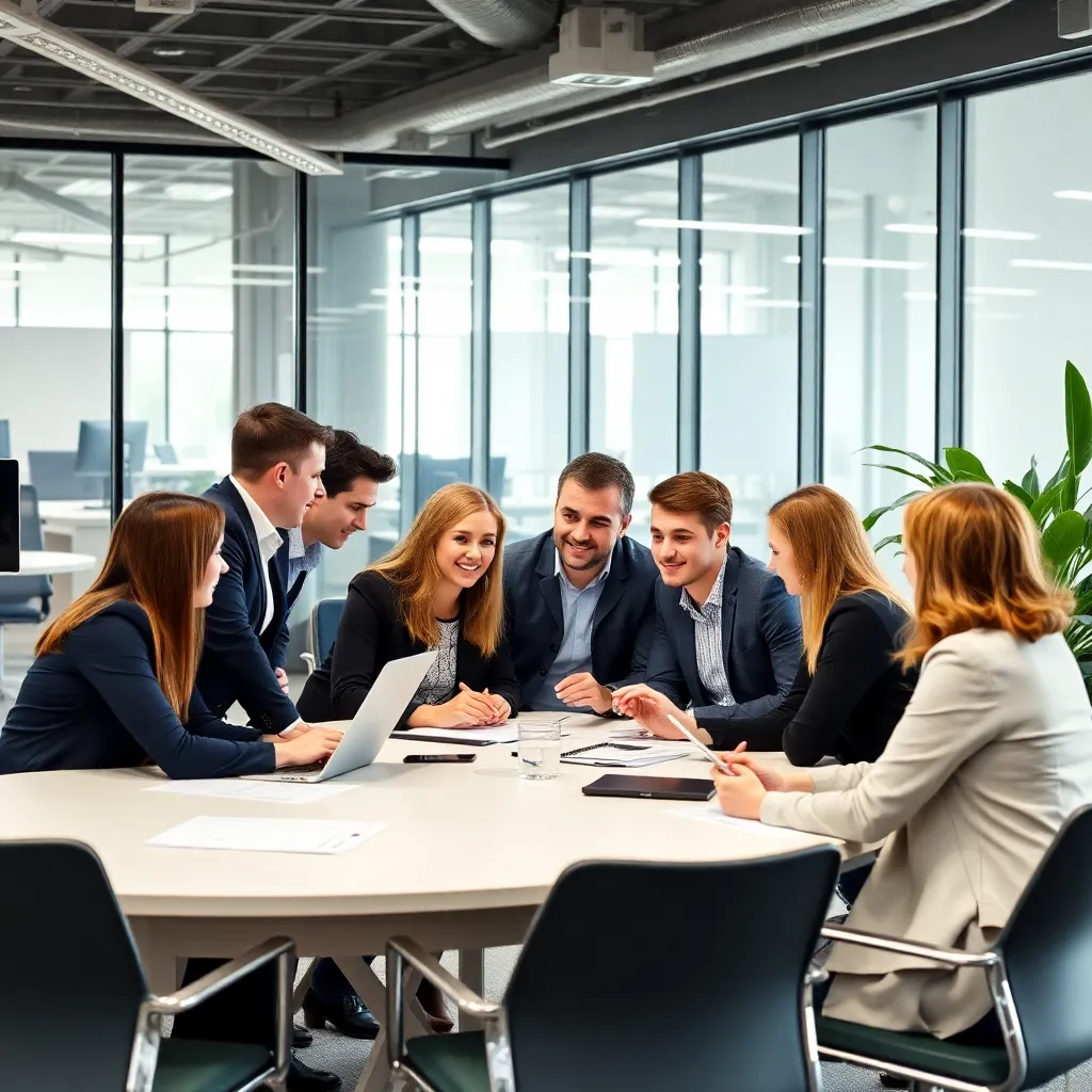 Diverse professionals in een moderne Belgische kantooromgeving die samenwerken aan carrièreontwikkeling