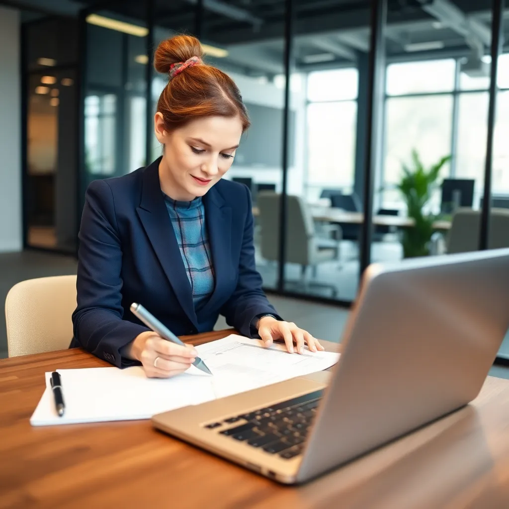 Professionele vrouw die een carrière assessment invult op laptop